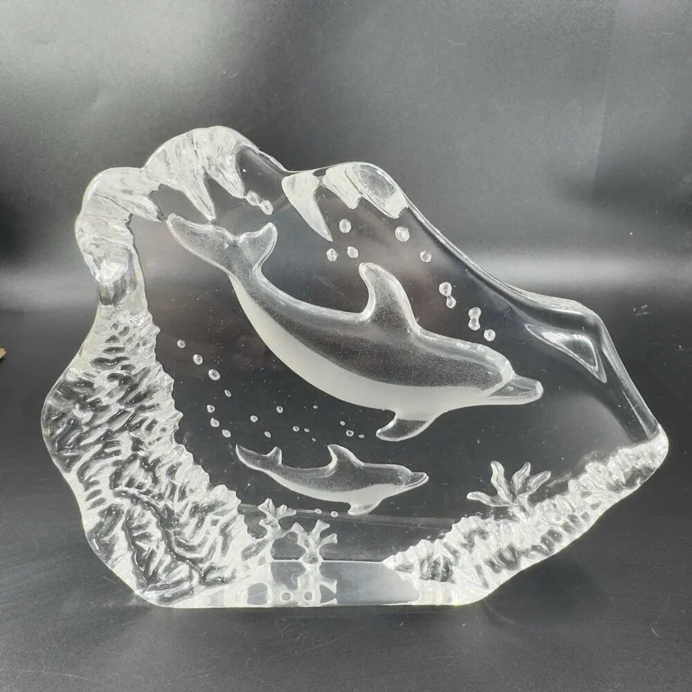 Vintage Clear Crystal Glass Plaque‎ Paperweight Dolphins Figurine Decorative VTG